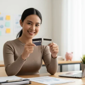 Mujer feliz celebrando haber pagado su deuda, cortando su tarjeta de crédito.